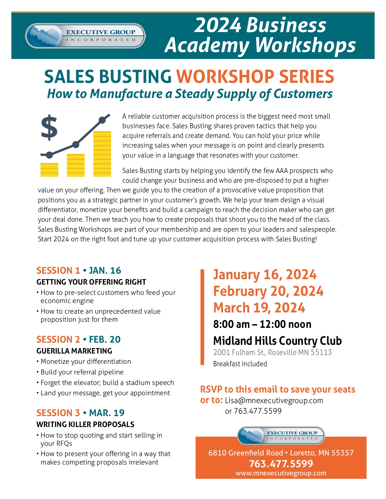 Flyer with information for Sales Busting Workshop Series 2024