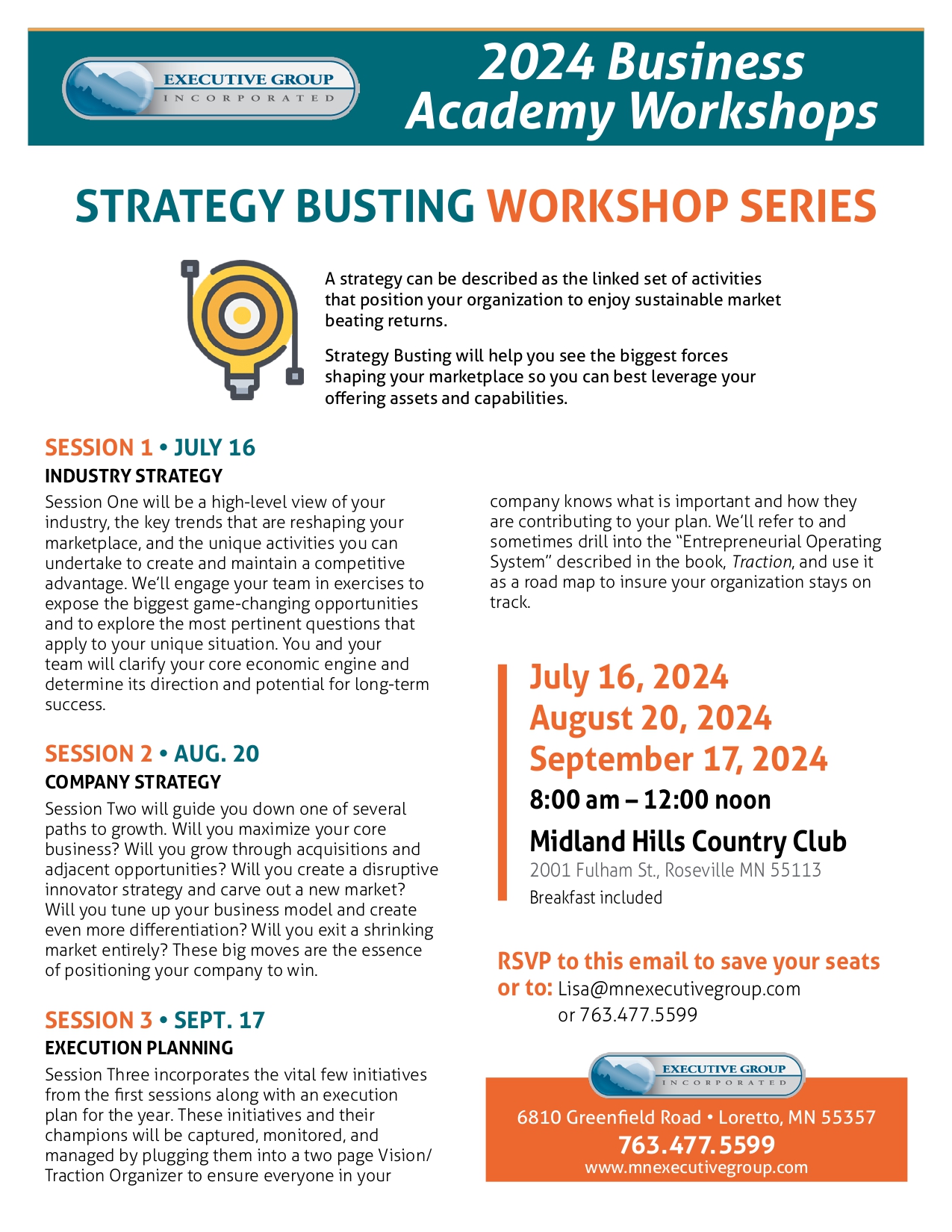 Flyer with information about Strategy Busting Workshop Series 2024